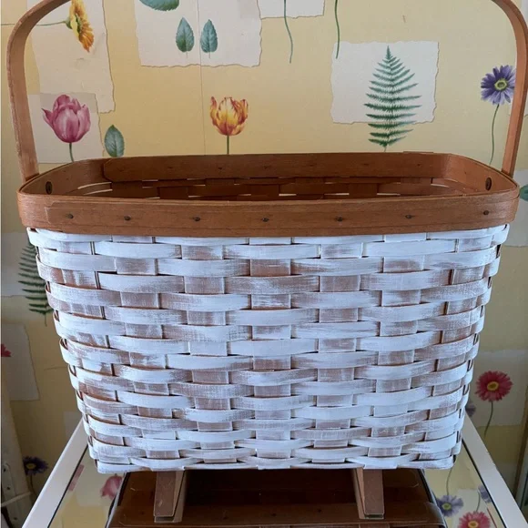 Longaberger Vintage 1991 Footed Magazine Basket with Wooden Feet, Chalk Painted